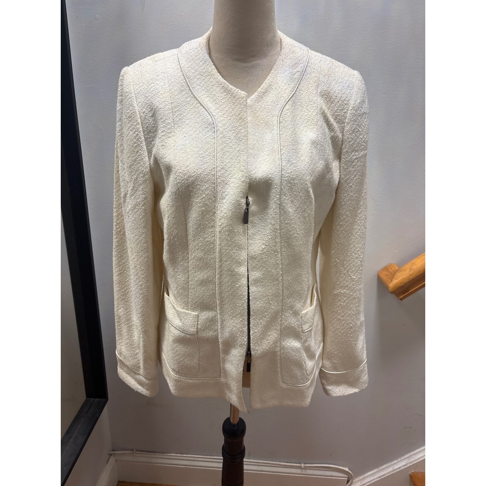 Perry Ellis Blazer Women 10 Cream Good Tweed Bouclé Zip Front Professional Coat